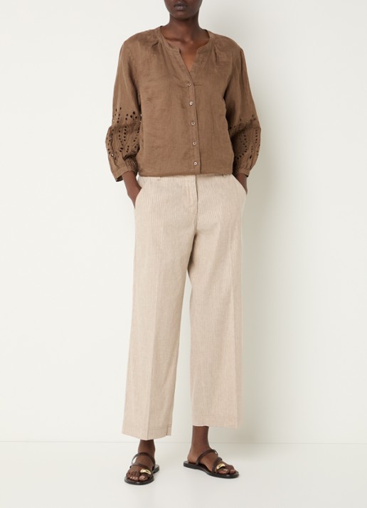 BRAX Main high waist straight fit pantalon in linnenblend met streepprint - voorkant 3 creme