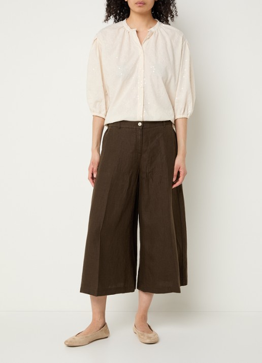 BRAX Melli high waist wide leg culotte van linnen met steekzakken - voorkant 3 donkerbruin