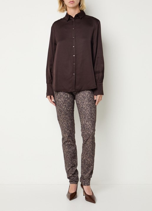 BRAX Shakira mid waist slim fit broek met panterprint  - voorkant 4 donkerbruin