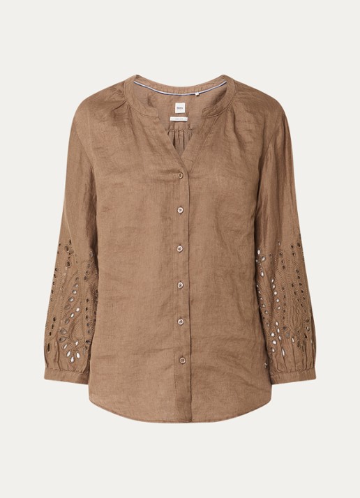 BRAX Velia blouse van linnen met broderie - voorkant 2 bruin