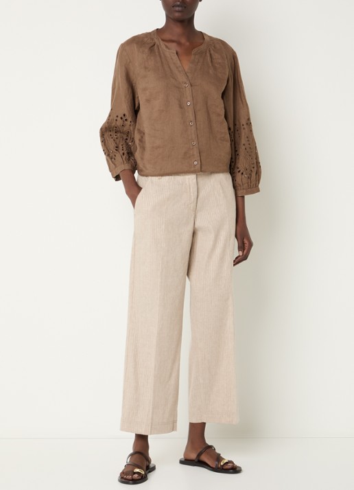 BRAX Velia blouse van linnen met broderie - voorkant 3 bruin