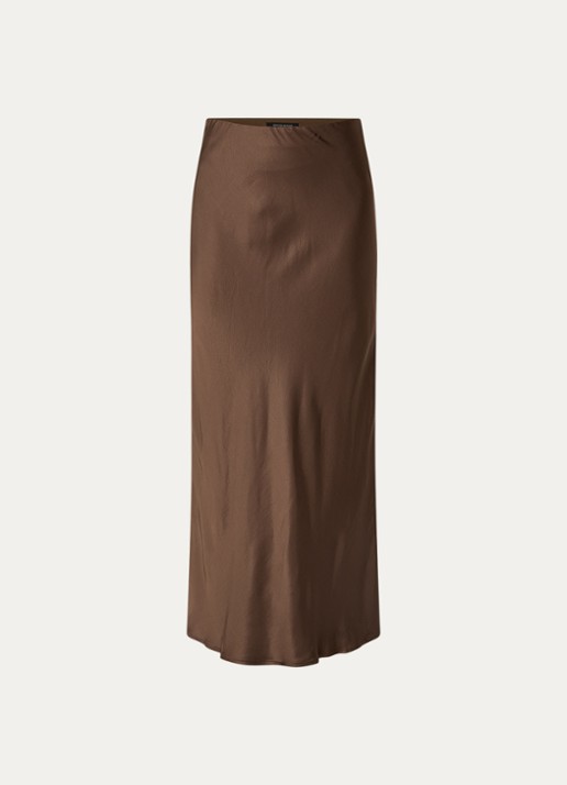 Bruuns Bazaar High waist maxi rok van satijn - voorkant donkerbruin