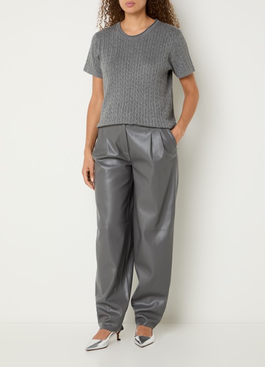 Bruuns Bazaar High waist wide fit broek van imitatieleer - voorkant 3 middengrijs