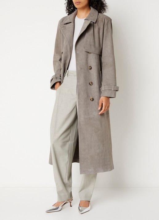 Bruuns Bazaar Wiolas trenchcoat van suéde met ceintuur - voorkant 2 grijs