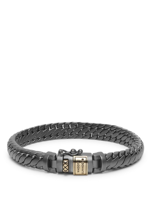 Buddha to Buddha Ben XS schakelarmband van zilver met detail van 14 karaat geelgoud - voorkant 3 donkergrijs