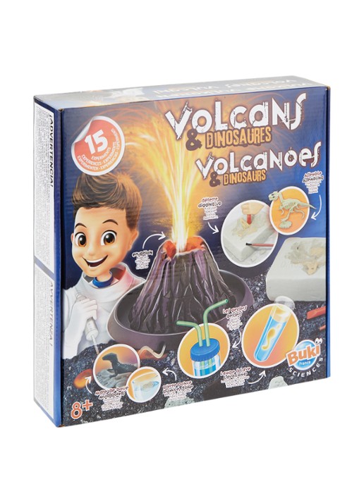 Buki Vulkanen en Dinosaurus met 15 experimenten - voorkant donkerblauw