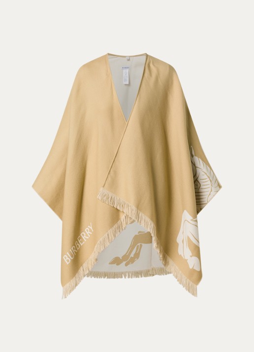 Burberry Cape in kasjmierblend met logoprint - voorkant zand