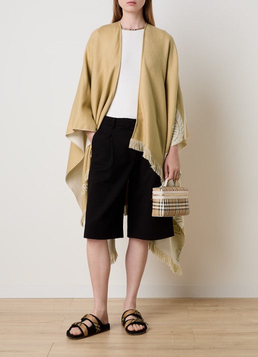 Burberry Cape in kasjmierblend met logoprint - voorkant 2 zand