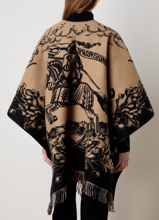 Burberry Cape van wol met logoprint en franjes - achterkant beige