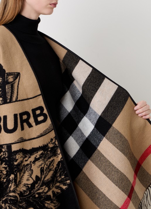 Burberry Cape van wol met logoprint en franjes - detail 5 beige