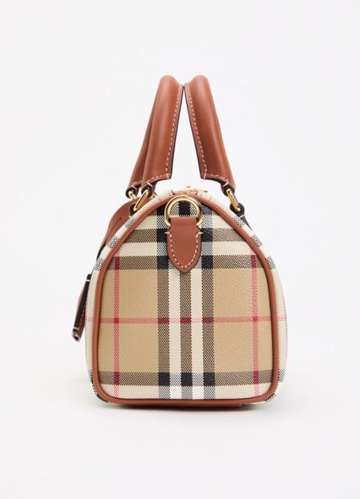 Burberry Check Mini Bowling handtas met kalfsleren details - detail 5 cognac