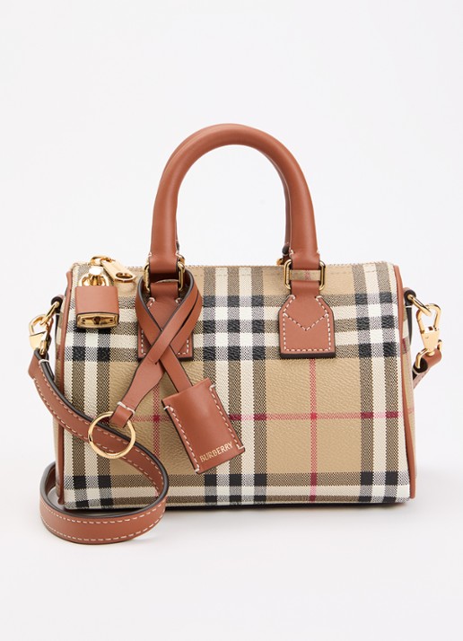 Burberry Check Mini Bowling handtas met kalfsleren details - voorkant cognac