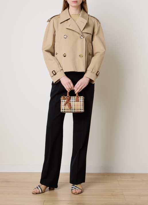 Burberry Check Mini Bowling handtas met kalfsleren details - voorkant 2 cognac