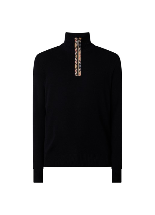 Burberry Fijngebreide pullover van wol met halve rits - voorkant zwart