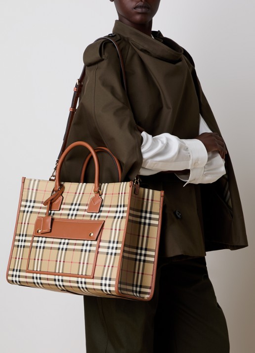 Burberry Freya Medium shopper met ruitdessin en kalfsleren details - voorkant 3 khaki