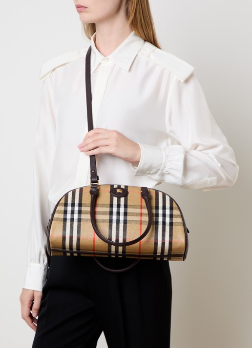 Burberry Highlands handtas met kalfsleren details en ruitdessin  - voorkant 3 zand
