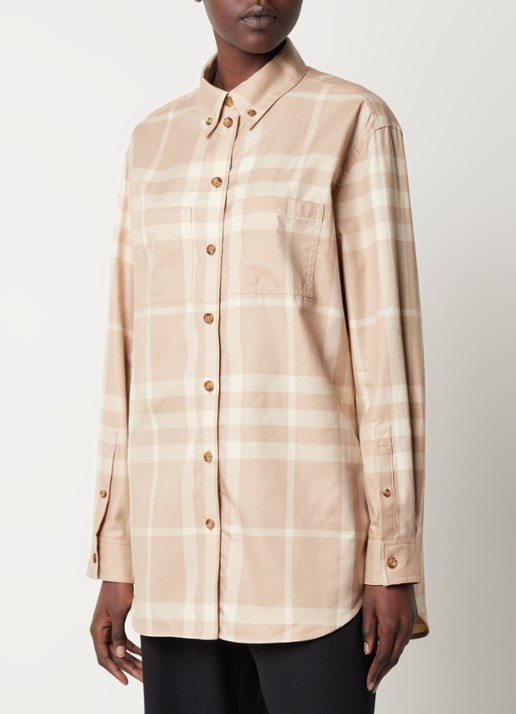 Burberry Ivana blouse met borstzakken en ruitdessin - detail donkerbeige