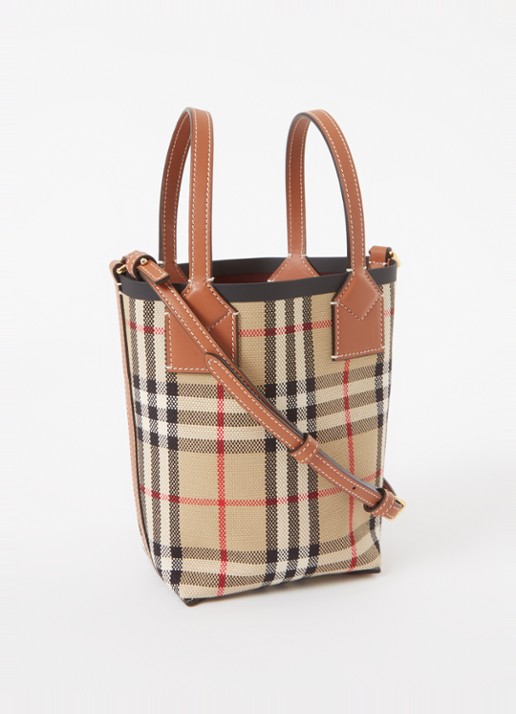 Burberry London Mini shopper met ruitdessin en kalfsleren details - achterkant 4 beige