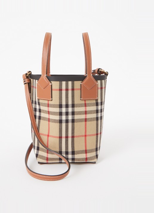 Burberry London Mini shopper met ruitdessin en kalfsleren details - voorkant 5 beige