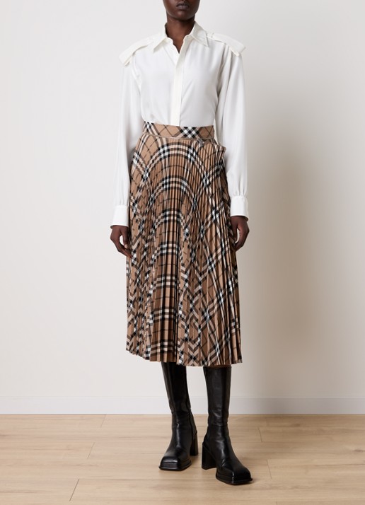 Burberry Midi rok in wolblend met plissé en ruitdessin - voorkant 5 beige
