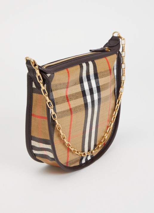 Burberry Mini Highlands schoudertas met ruitdessin en details van kalfsleer - achterkant zand