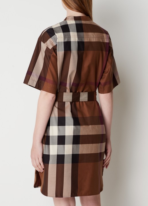 Burberry Mini tuniekjurk met ruitdessin en strikceintuur - achterkant cognac