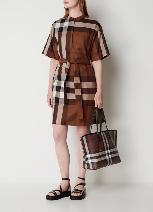 Burberry Mini tuniekjurk met ruitdessin en strikceintuur - voorkant 5 cognac