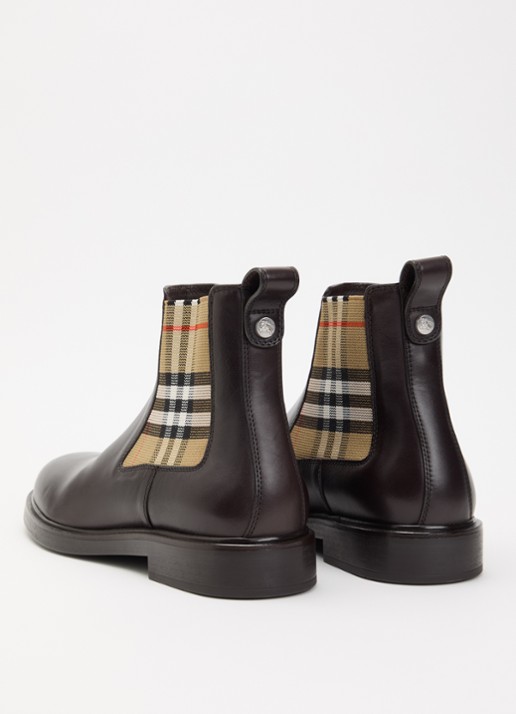 Burberry Pembroke Chelsea boot van kalfsleer met ruitdessin - achterkant donkerbruin