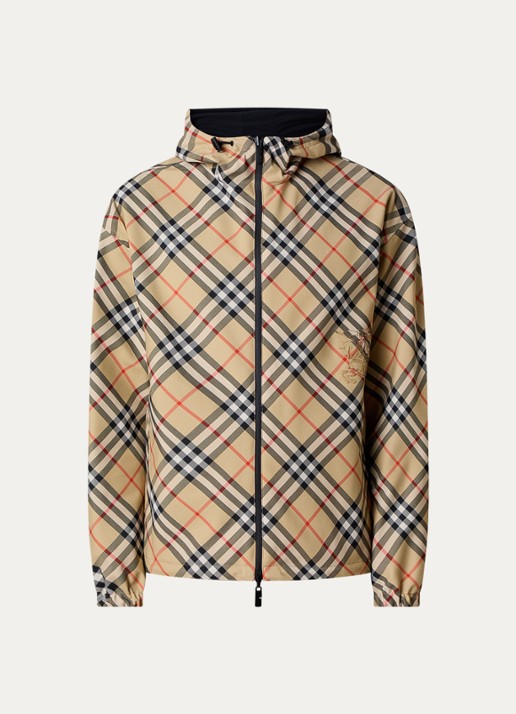 Burberry Reversible windjack met ruitdessin en capuchon - voorkant zand