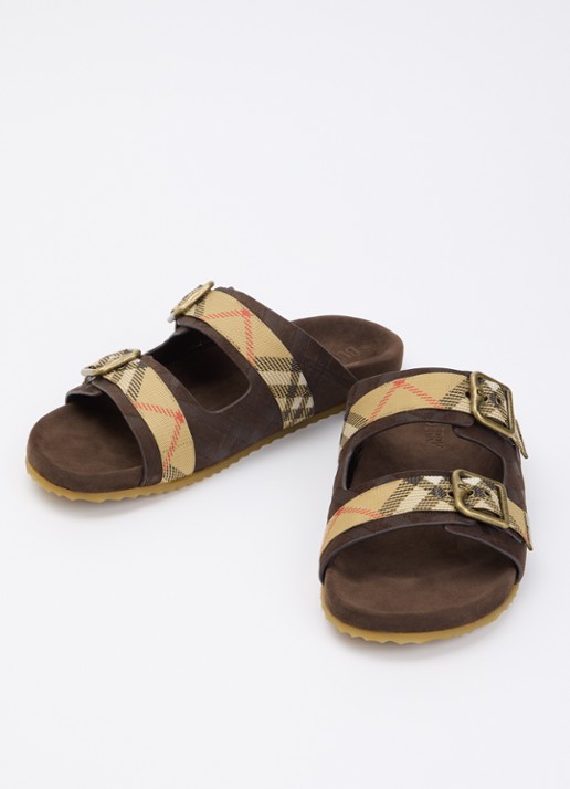 Burberry Urchin slipper van kalfssuède met ruitdessin - detail 2 donkerbruin