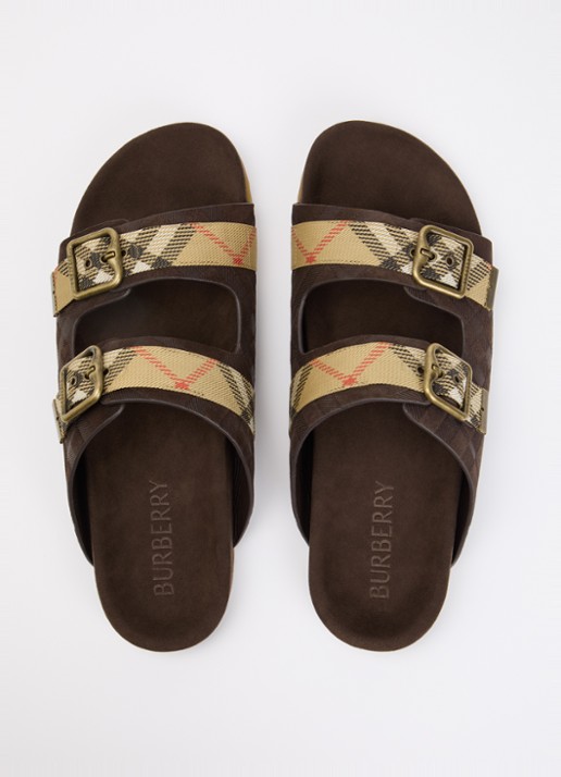 Burberry Urchin slipper van kalfssuède met ruitdessin - detail 3 donkerbruin