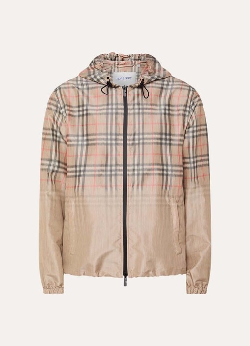 Burberry windjack met ruitdessin en capuchon - voorkant beige