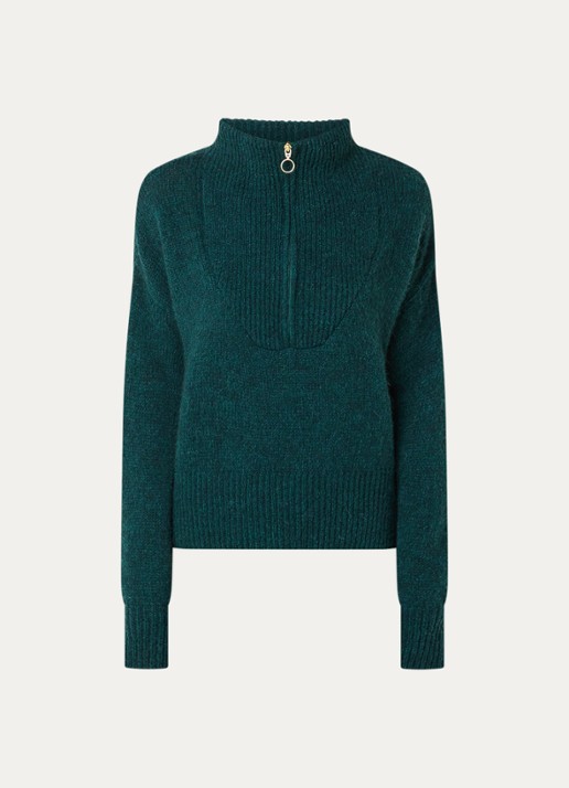 by-bar Beau grofgebreide trui in alpaca wolblend met halve rits - voorkant 3 groen