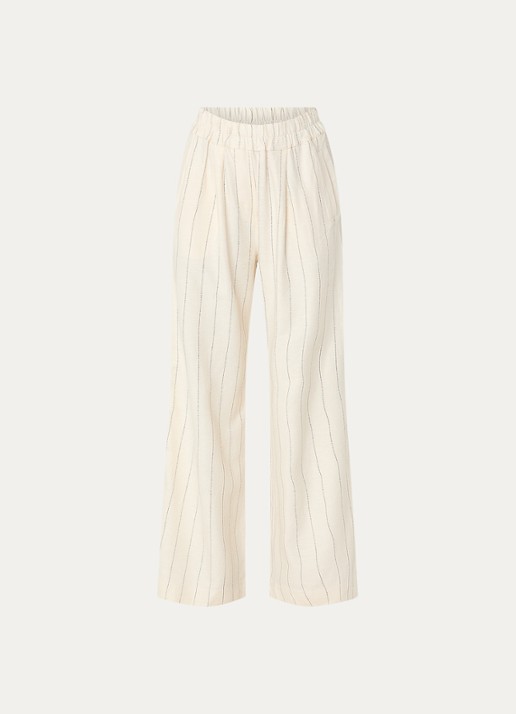 by-bar Benji high waist wide fit broek in linnenblend met streepprint - voorkant 3 gebroken wit