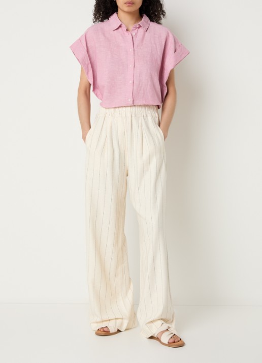 by-bar Benji high waist wide fit broek in linnenblend met streepprint - voorkant 4 gebroken wit