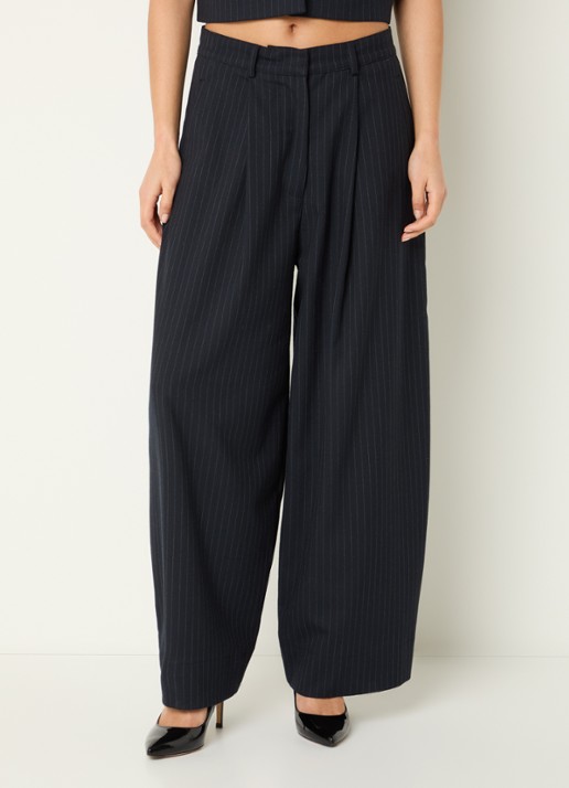 by-bar Frida high waist wide fit pantalon met krijtstreep  - detail 4 donkerblauw