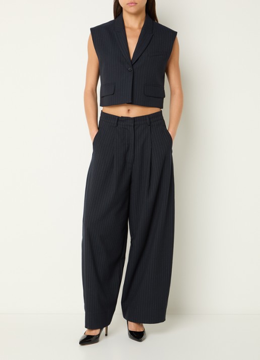 by-bar Frida high waist wide fit pantalon met krijtstreep  - voorkant 3 donkerblauw