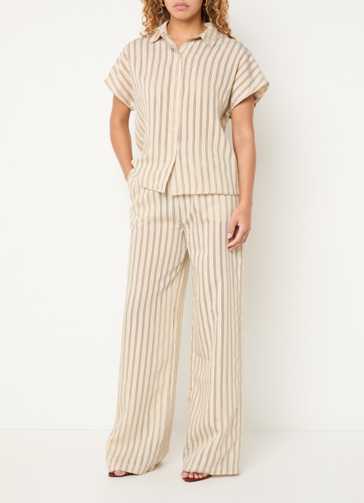 by-bar Joan high waist wide fit broek met streepprint - voorkant 4 vanillegeel