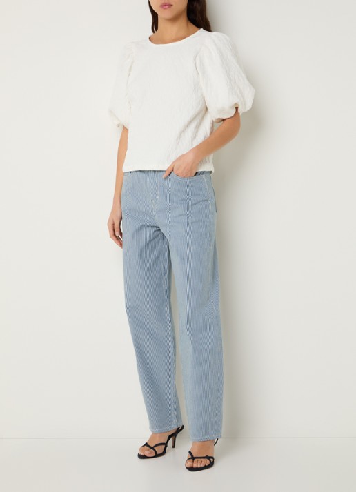 by-bar Lew high waist straight fit broek met streepprint - voorkant 5 donkerblauw