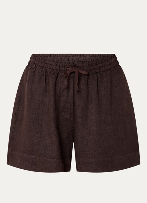 by-bar Lio high waist straight fit korte broek van linnen met trekkoord - voorkant 2 bruin