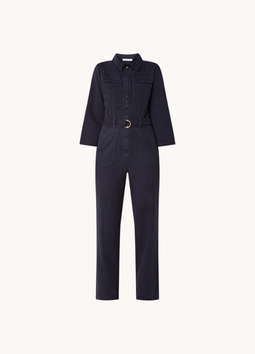 by-bar Louise straight fit jumpsuit van denim met ceintuur - voorkant donkerblauw