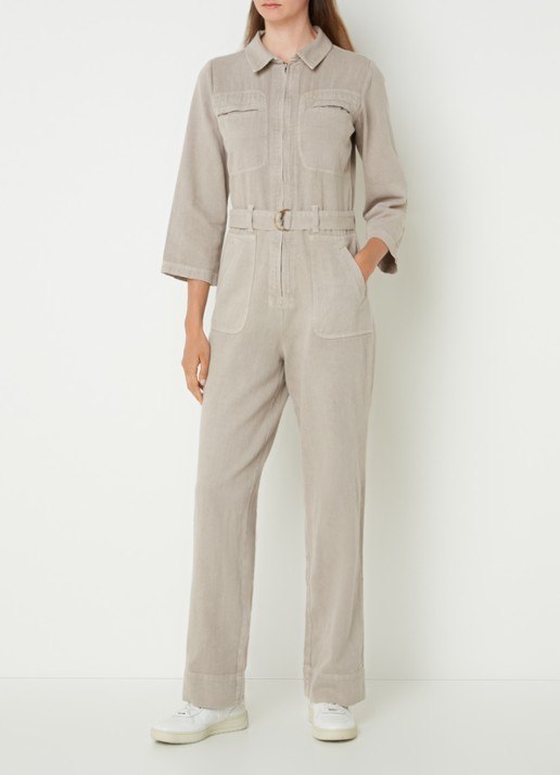 by-bar Louise straight fit jumpsuit van denim met ceintuur - voorkant 4 donkerbeige