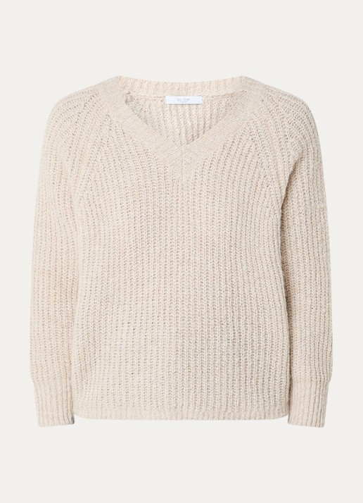 by-bar Lune grofgebreide trui in alpaca wolblend met V-hals - voorkant 3 creme