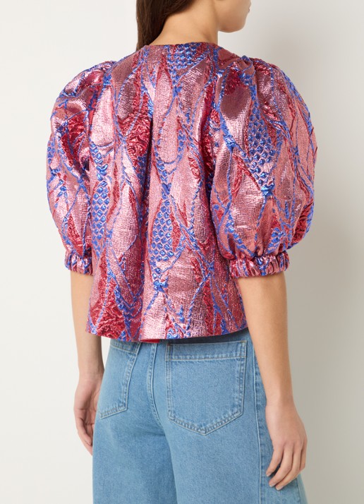 by-bar Mauri blouse met jacquard dessin en lurex - achterkant koraalroze