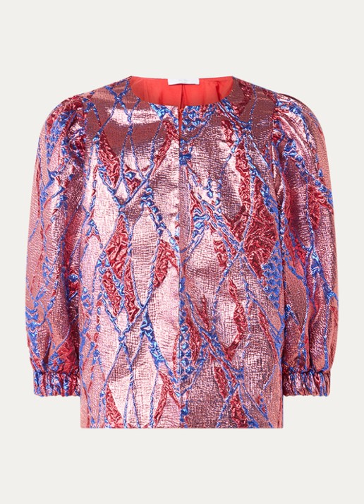 by-bar Mauri blouse met jacquard dessin en lurex - voorkant 3 koraalroze