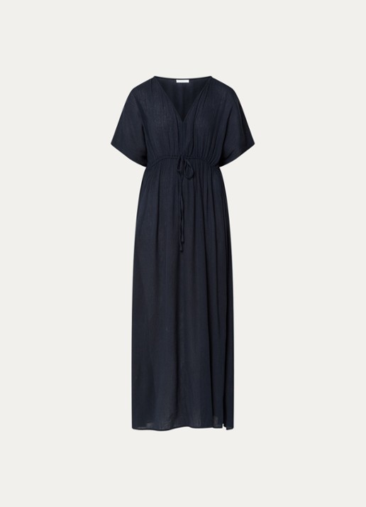 by-bar Maxi jurk met strikceintuur en V-hals - voorkant 3 donkerblauw