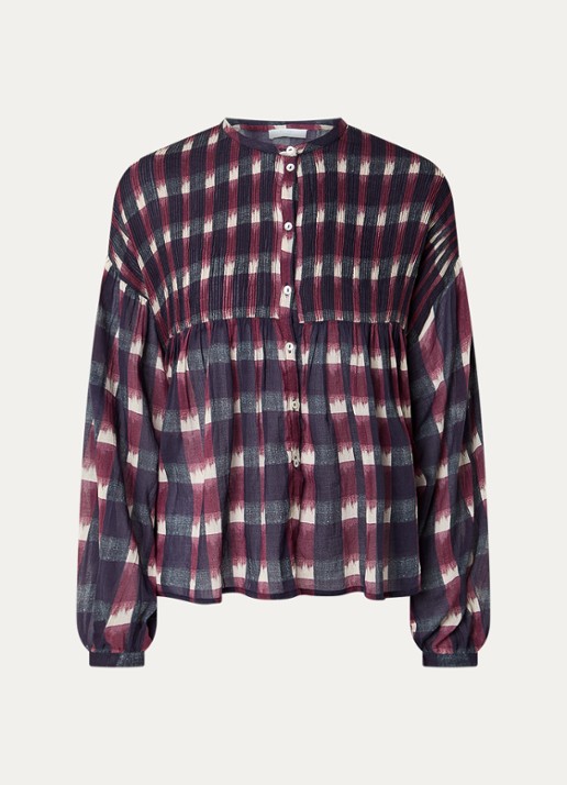 by-bar Mine Ikat blouse met ruitdessin en smockwerk - voorkant 2 bordeauxrood