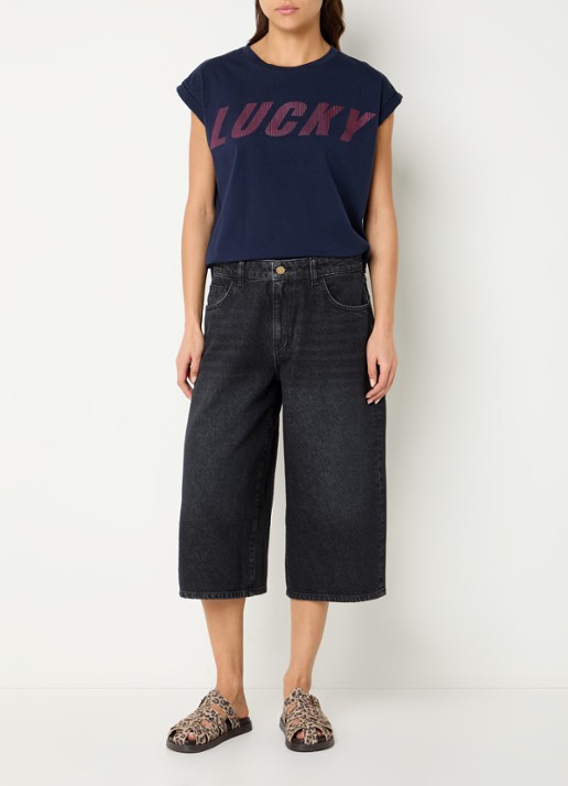 by-bar Noho mid waist wide fit culotte van denim - voorkant 3 zwart