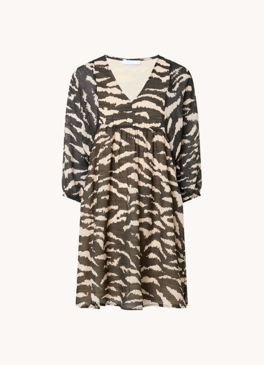 by-bar Philou mini jurk met zebraprint en ballonmouw - voorkant bronsgroen