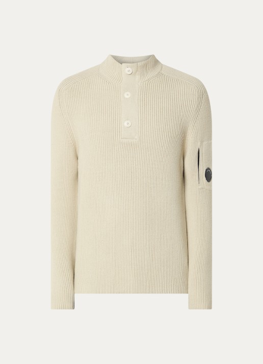 C.P. Company Ribgebreide trui met logo - voorkant beige